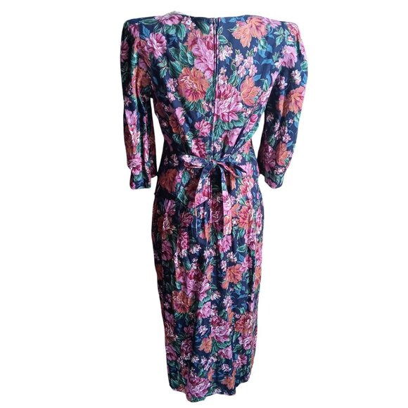 10P Vintage 80's Floral Midi Granny Cottage Dress With Lace Collar & Tied Waist - Picture 3 of 8